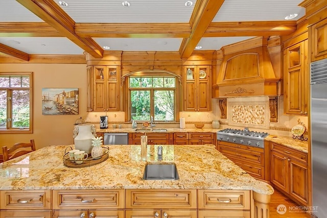 11211 Wachusett Rd, Woodway, WA 98020 - kitchen with appliances with stainless steel finishes, a sink, beam ceiling, coffered ceiling, and light stone counters