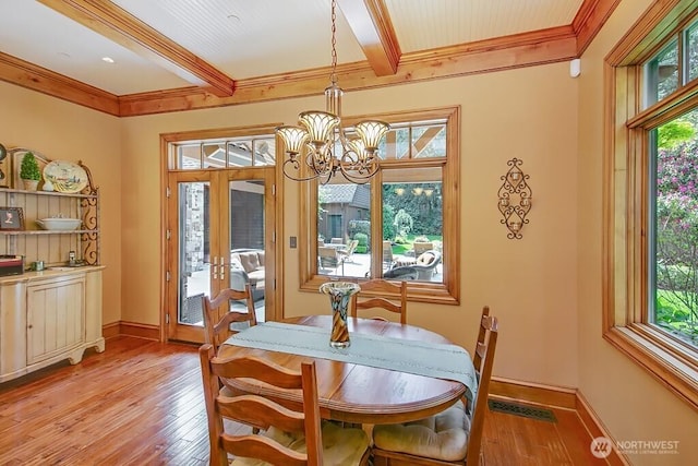 11211 Wachusett Rd, Woodway, WA 98020 - dining room with light wood-type flooring, beam ceiling, french doors, a chandelier, and baseboards
