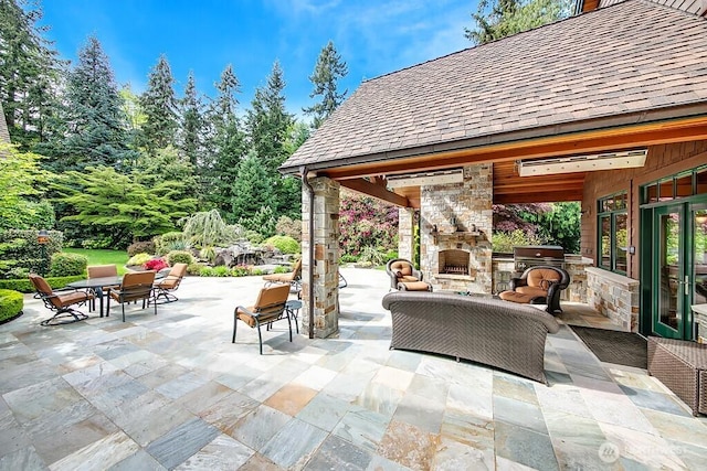 11211 Wachusett Rd, Woodway, WA 98020 - view of patio / terrace with an outdoor living space with a fireplace, grilling area, outdoor dining area, and a gazebo