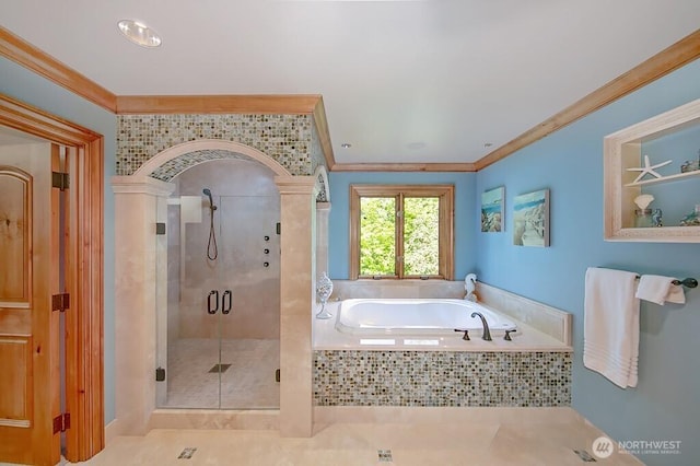 11211 Wachusett Rd, Woodway, WA 98020 - bathroom with crown molding, a bath, a stall shower, and tile patterned flooring