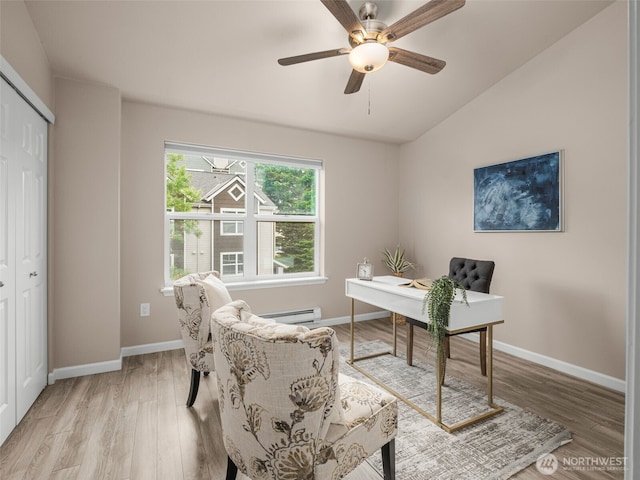 3116 164th St SW Unit 1804, Lynnwood, WA 98087 - office featuring vaulted ceiling, light wood-type flooring, baseboards, ceiling fan, and a baseboard radiator