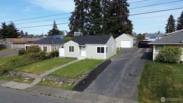807 S Howard St, Tacoma, WA 98465 - single story home featuring a garage, asphalt driveway, an outdoor structure, a front yard, and entry steps