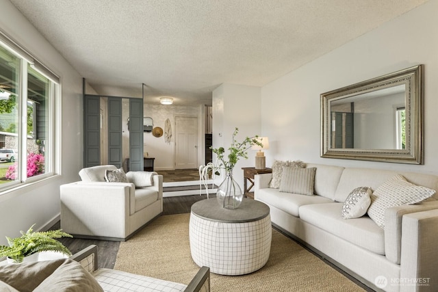 436 SE Maple Dr, North Bend, WA 98045 - living room featuring wood finished floors, baseboards, and a textured ceiling