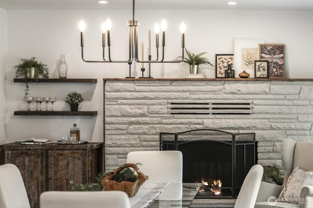 436 SE Maple Dr, North Bend, WA 98045 - living room with a stone fireplace and recessed lighting