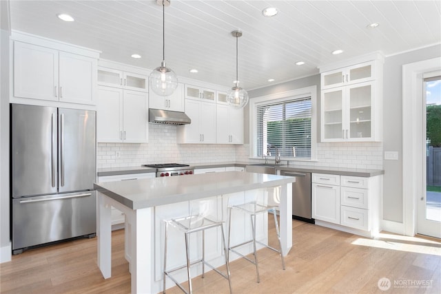 kitchen featuring appliances with stainless steel finishes, light wood finished floors, recessed lighting, plenty of natural light, and wooden ceiling