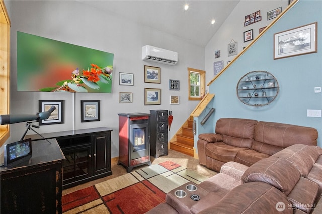 living area with a wall unit AC, stairs, high vaulted ceiling, recessed lighting, and carpet flooring