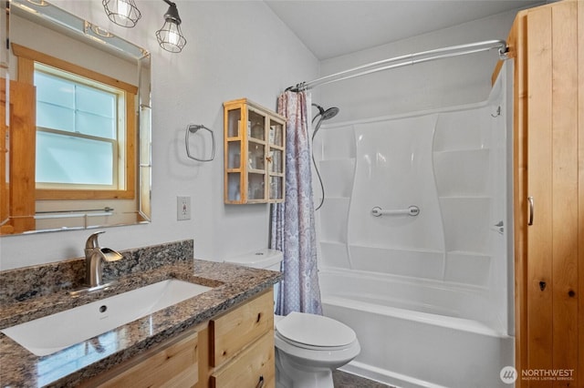 full bathroom with toilet, vanity, and shower / bath combination with curtain