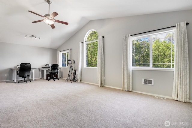 20121 3rd Ave NW, Arlington, WA 98223 - office area featuring carpet flooring, lofted ceiling, a ceiling fan, and baseboards