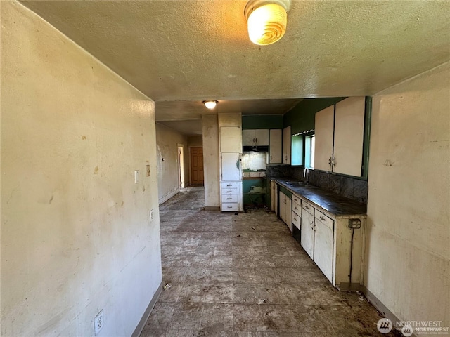 kitchen featuring dark countertops, a textured ceiling, and a sink