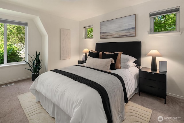 bedroom with light carpet, multiple windows, and baseboards