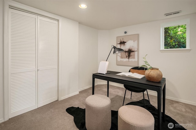 carpeted home office with baseboards and recessed lighting