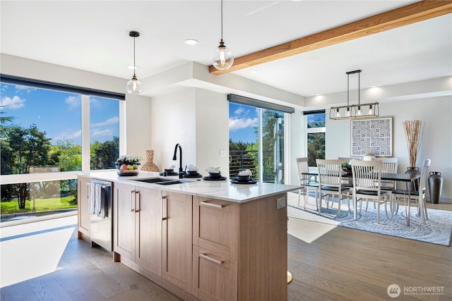 kitchen with a sink, dark wood-style floors, plenty of natural light, recessed lighting, and beamed ceiling