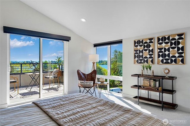 carpeted bedroom featuring access to exterior, multiple windows, vaulted ceiling, and recessed lighting