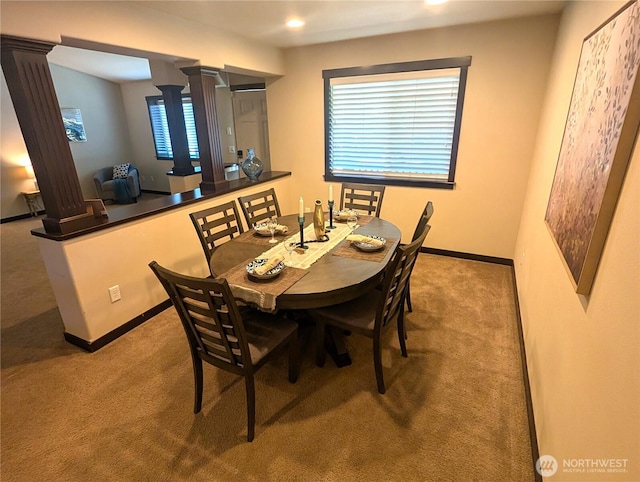 3447 Barry Pl, Mount Vernon, WA 98274 - dining area featuring ornate columns, carpet floors, baseboards, and recessed lighting