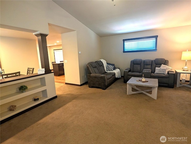 3447 Barry Pl, Mount Vernon, WA 98274 - living room with light carpet, vaulted ceiling, and decorative columns
