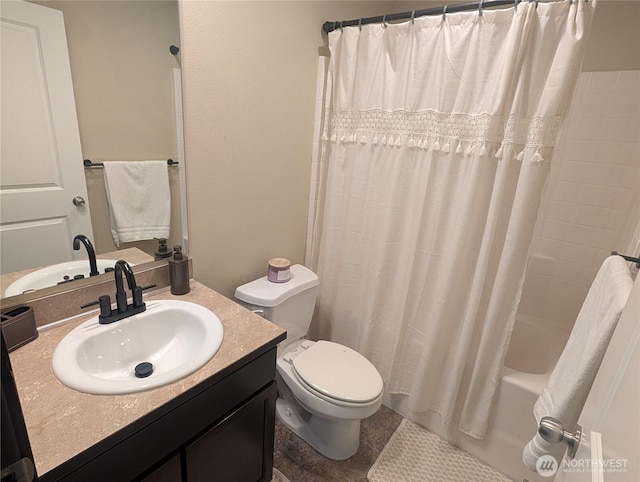 3447 Barry Pl, Mount Vernon, WA 98274 - bathroom with toilet, vanity, and shower / bath combination with curtain
