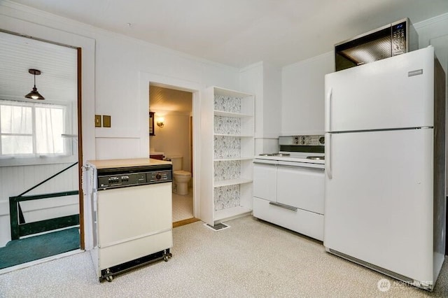 1027 E Main St, Auburn, WA 98002 - kitchen with white appliances, open shelves, white cabinets, ornamental molding, and light countertops