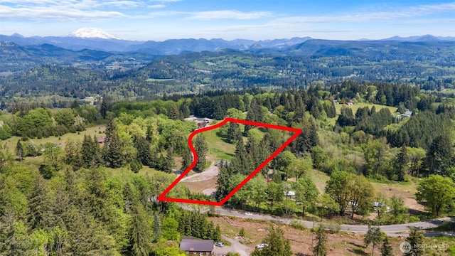21803 NE Abernathy Rd, Yacolt, WA 98675 - aerial view of property's location featuring mountains, a heavily wooded area, and property boundaries highlighted
