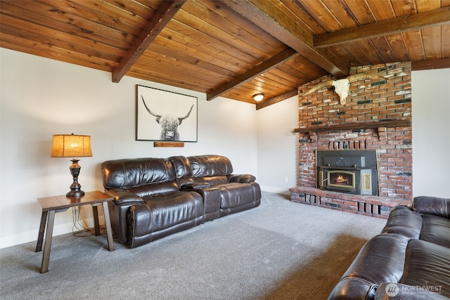 21803 NE Abernathy Rd, Yacolt, WA 98675 - living area with carpet floors, wood ceiling, and a fireplace