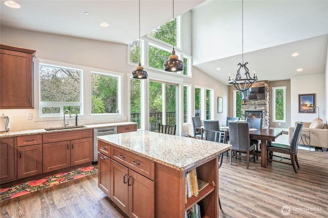 411 19th St NE Unit 9, East Wenatchee, WA 98802 - kitchen featuring a sink, stainless steel dishwasher, open shelves, wood finished floors, and a fireplace