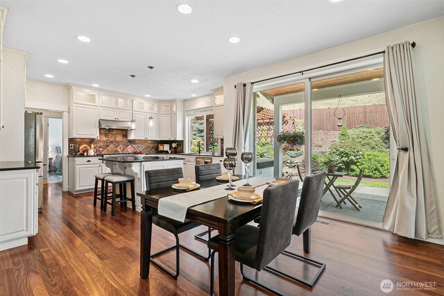 dining area featuring dark wood finished floors and recessed lighting