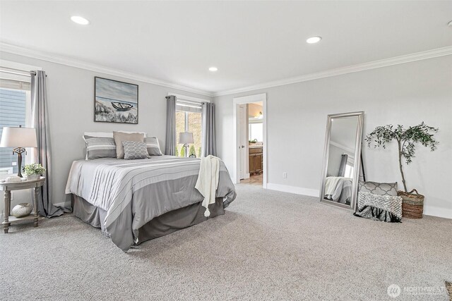 bedroom featuring carpet, ornamental molding, recessed lighting, and baseboards