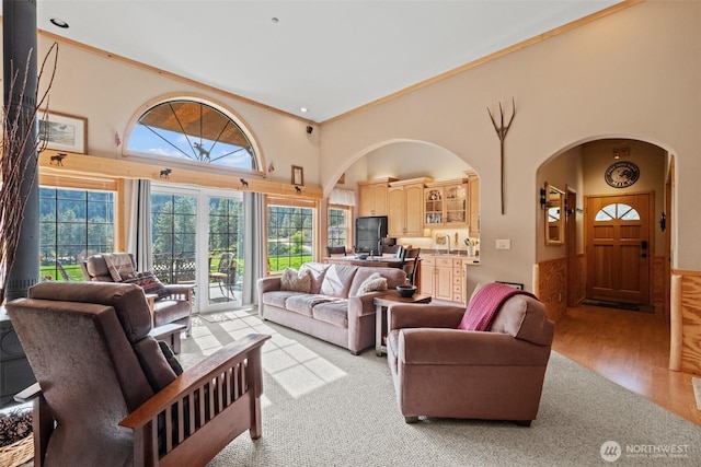 111 Connon Canyon Rd, Leavenworth, WA 98826 - living area with arched walkways, a high ceiling, ornamental molding, and light wood-style floors