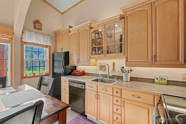 111 Connon Canyon Rd, Leavenworth, WA 98826 - kitchen featuring a sink, light brown cabinetry, black appliances, and glass insert cabinets
