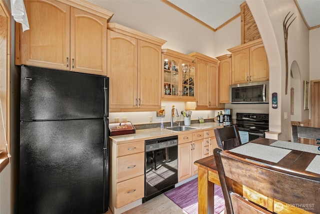 111 Connon Canyon Rd, Leavenworth, WA 98826 - kitchen featuring black appliances, a sink, light brown cabinets, light wood-style flooring, and ornamental molding
