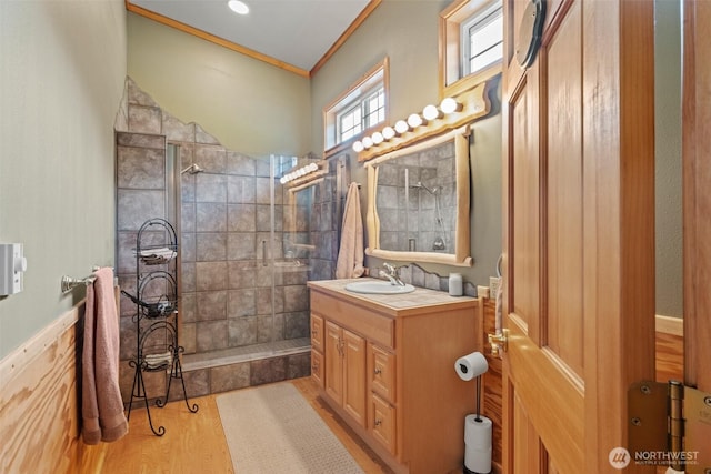111 Connon Canyon Rd, Leavenworth, WA 98826 - full bathroom with a walk in shower, vanity, wood finished floors, and crown molding