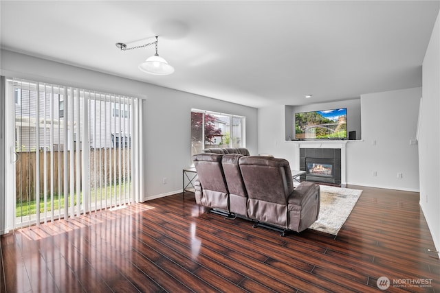 14627 81st Ave E, Puyallup, WA 98375 - living area with a fireplace, baseboards, and wood finished floors