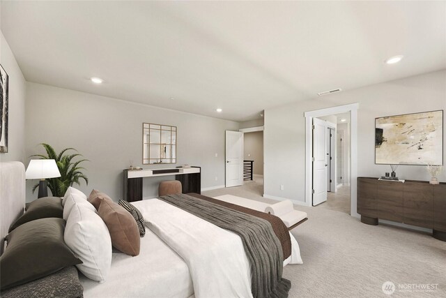 13436 NE 105th Ct Unit 17, Kirkland, WA 98033 - bedroom with light colored carpet, recessed lighting, and baseboards