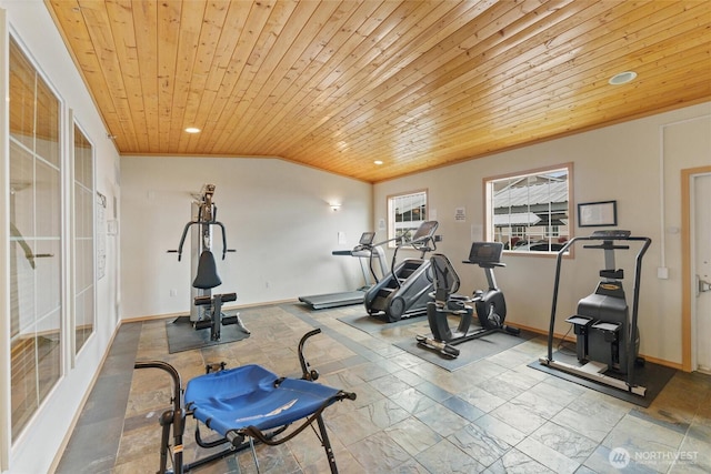 10109 186th St E Unit 249, Puyallup, WA 98371 - exercise room featuring wooden ceiling, baseboards, recessed lighting, and vaulted ceiling