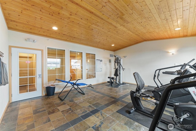 10109 186th St E Unit 249, Puyallup, WA 98371 - workout room with wood ceiling, lofted ceiling, recessed lighting, baseboards, and stone tile floors
