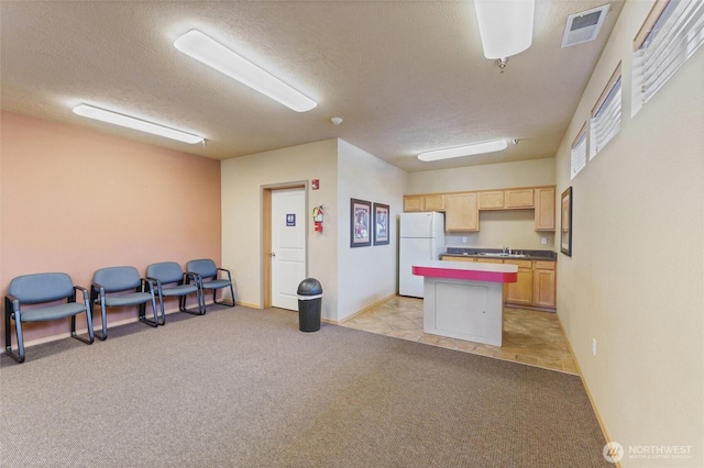 10109 186th St E Unit 249, Puyallup, WA 98371 - kitchen featuring freestanding refrigerator, light brown cabinetry, open floor plan, a sink, and light carpet