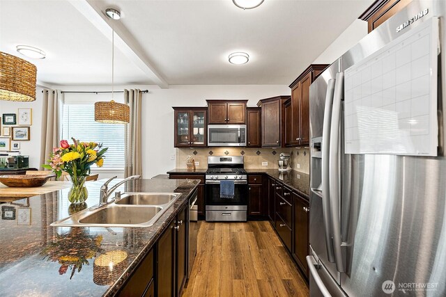kitchen featuring appliances with stainless steel finishes, a sink, dark wood finished floors, dark brown cabinets, and decorative backsplash