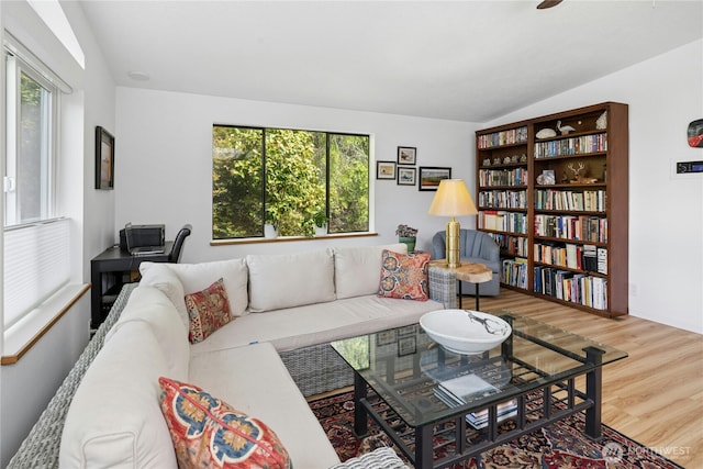 living area featuring wood finished floors, healthy amount of natural light, and lofted ceiling