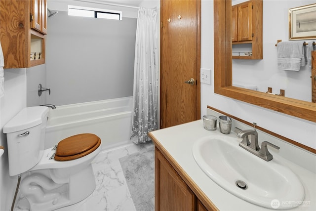 full bathroom featuring marble look tile flooring, toilet, vanity, and shower / bath combination with curtain