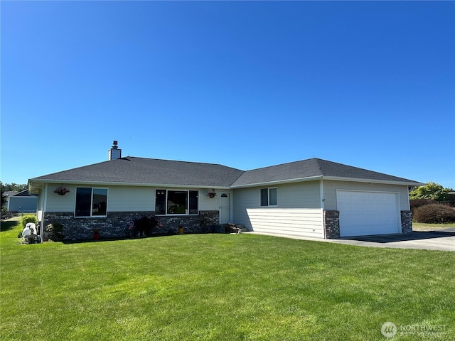 ranch-style house with an attached garage, concrete driveway, brick siding, a front lawn, and a chimney