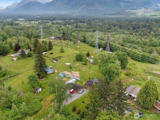 aerial view of a mountainous background and a heavily wooded area