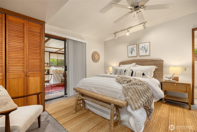 15790 Agatewood Rd NE, Bainbridge Island, WA 98110 - bedroom with light carpet, track lighting, access to outside, and a ceiling fan