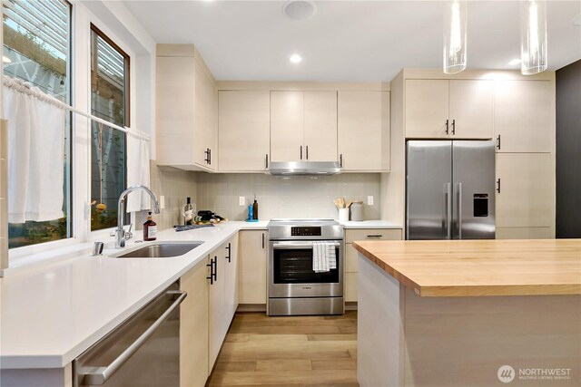 2273 14th Ave W, Seattle, WA 98119 - kitchen with stainless steel appliances, a sink, light wood-type flooring, under cabinet range hood, and tasteful backsplash