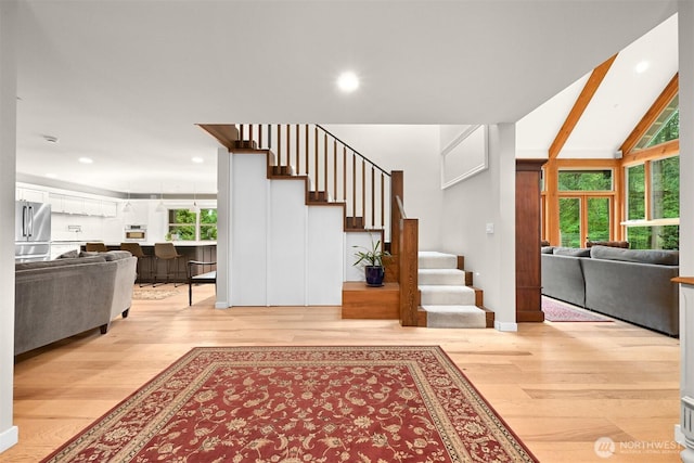 9591 W 34th Cres, Blaine, WA 98230 - stairway featuring wood-type flooring, plenty of natural light, recessed lighting, and baseboards