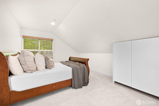 9591 W 34th Cres, Blaine, WA 98230 - bedroom featuring lofted ceiling, baseboards, light carpet, recessed lighting, and a closet