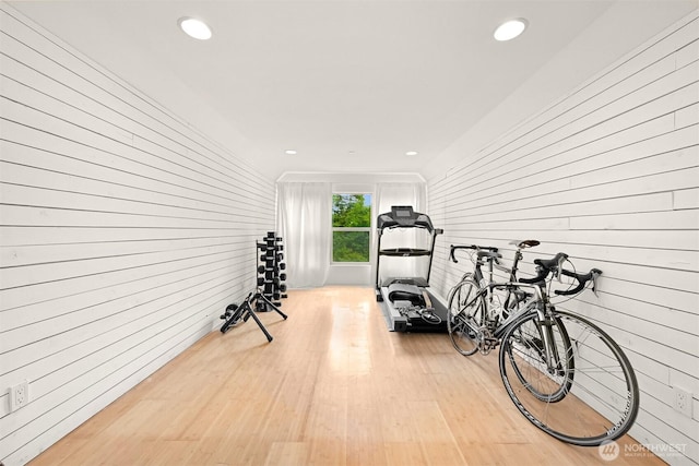 9591 W 34th Cres, Blaine, WA 98230 - exercise area featuring wooden walls, recessed lighting, and light wood-style floors