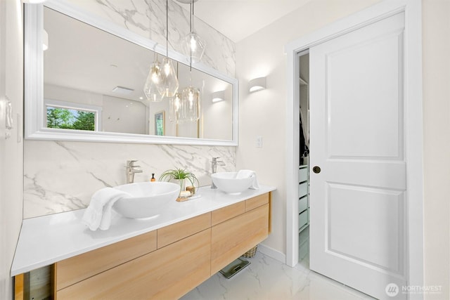 9591 W 34th Cres, Blaine, WA 98230 - full bath with tasteful backsplash, marble look tiles, and double vanity