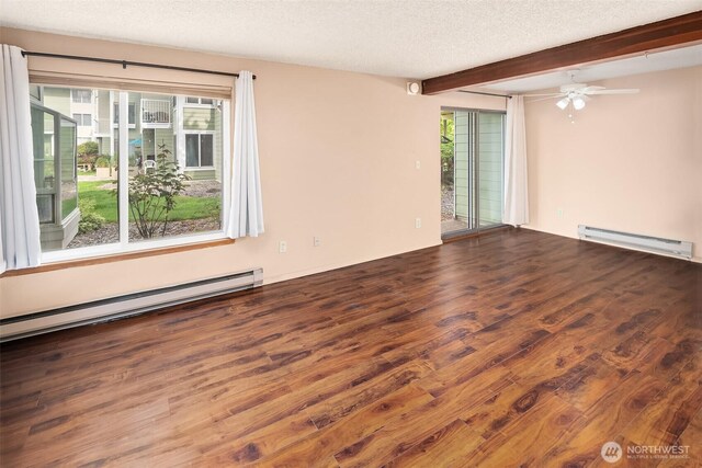 unfurnished room featuring a baseboard radiator, beam ceiling, wood finished floors, a textured ceiling, and a ceiling fan