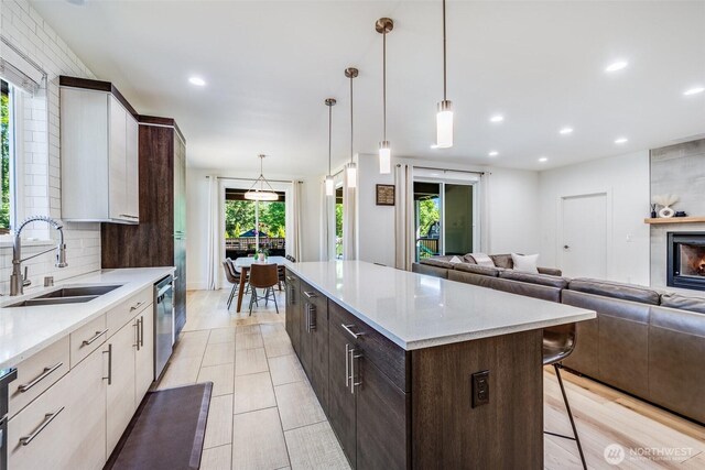 kitchen featuring a sink, stainless steel dishwasher, a kitchen breakfast bar, a center island, and dark brown cabinets