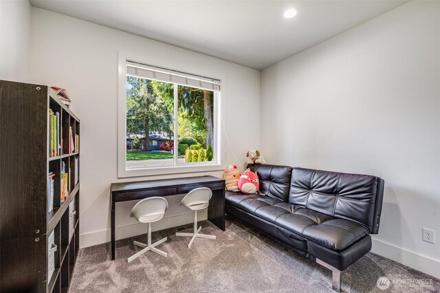 sitting room featuring carpet and baseboards