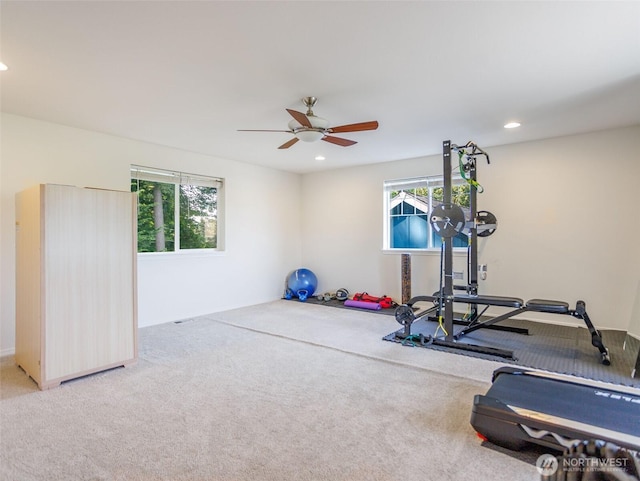 exercise area with carpet flooring, healthy amount of natural light, a ceiling fan, and recessed lighting